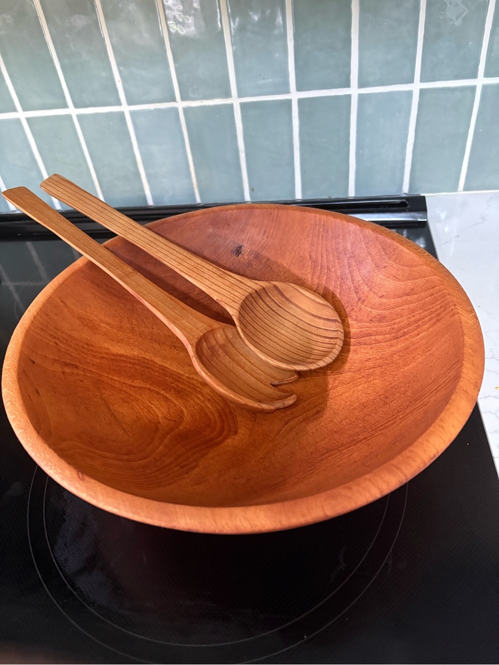 Large Hand-Turned Maple Wooden Serving Bowl and Utensil Set in Warm Brown
